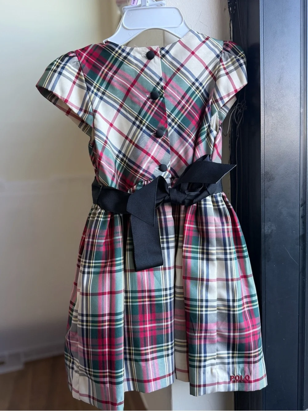 Ralph Lauren Red, Green and Cream Plaid Dress with Black Waistband